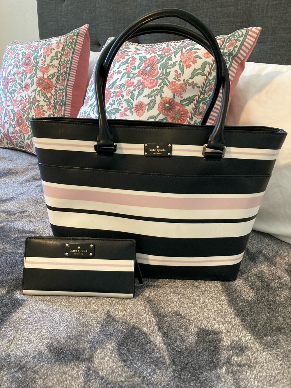 Kate Spade zippered tote - Black, Blush & White Striped with Matching Wallet